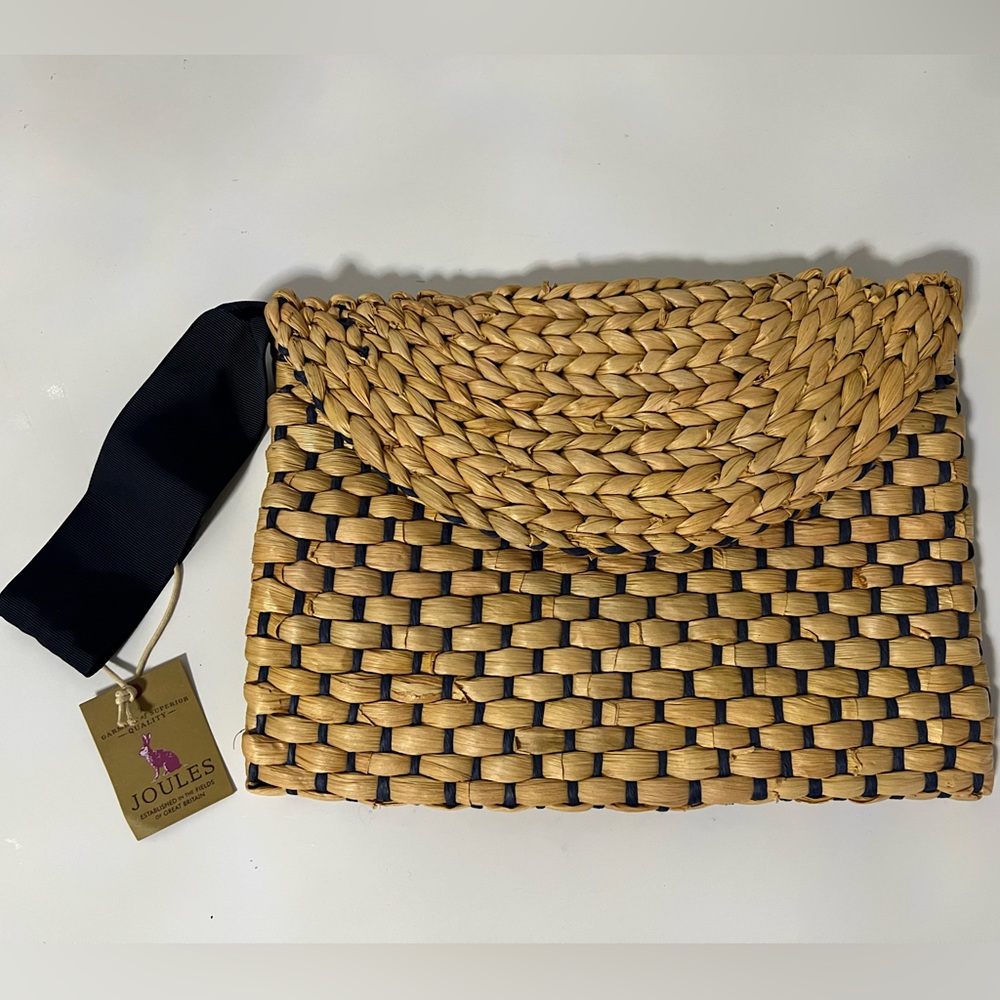 NWT Joules Hadden Woven Straw Clutch Purse Navy Wristlet